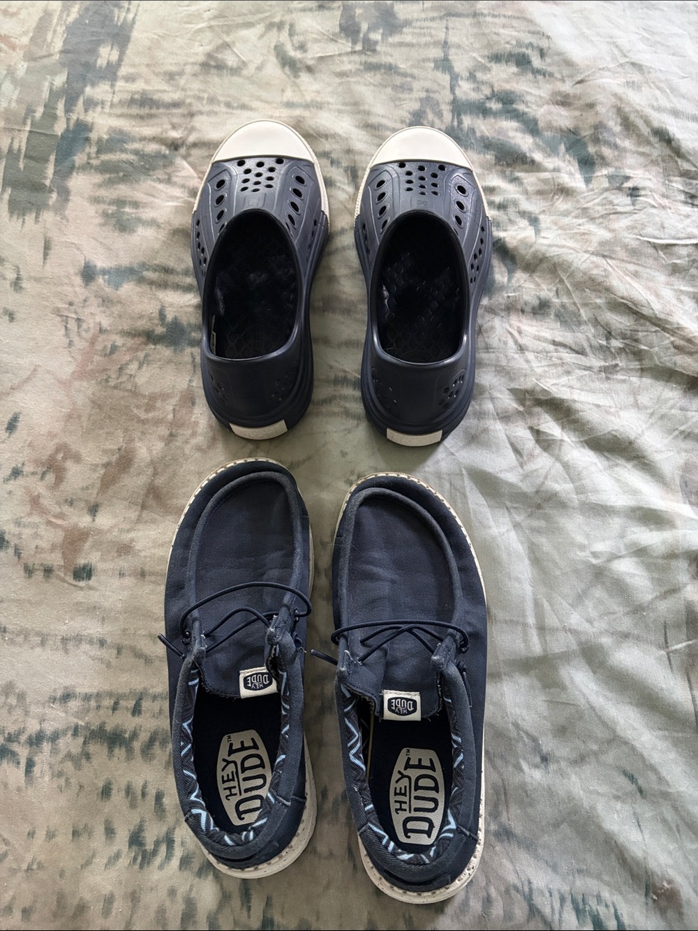 Hey Dude Navy Canvas Slip-Ons and blue/white rubber Converse AllStars. size 4.